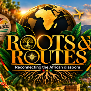 Roots & Routes TV banner: travel, culture, food, people and purpose across the African diaspora, with scenes from Medellín